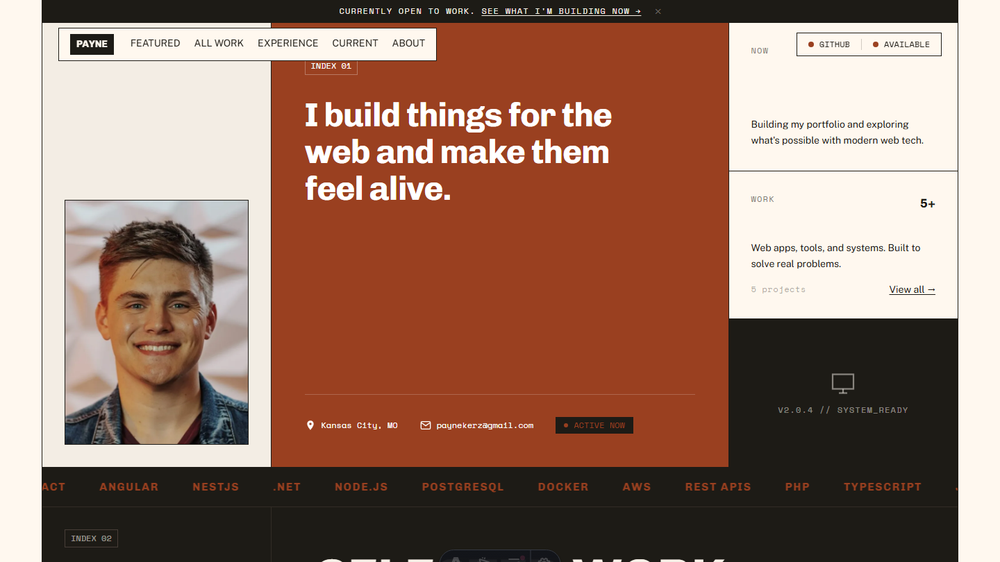 Screenshot of This Portfolio, a Astro, React, Tailwind v4 project by Payne Kerz